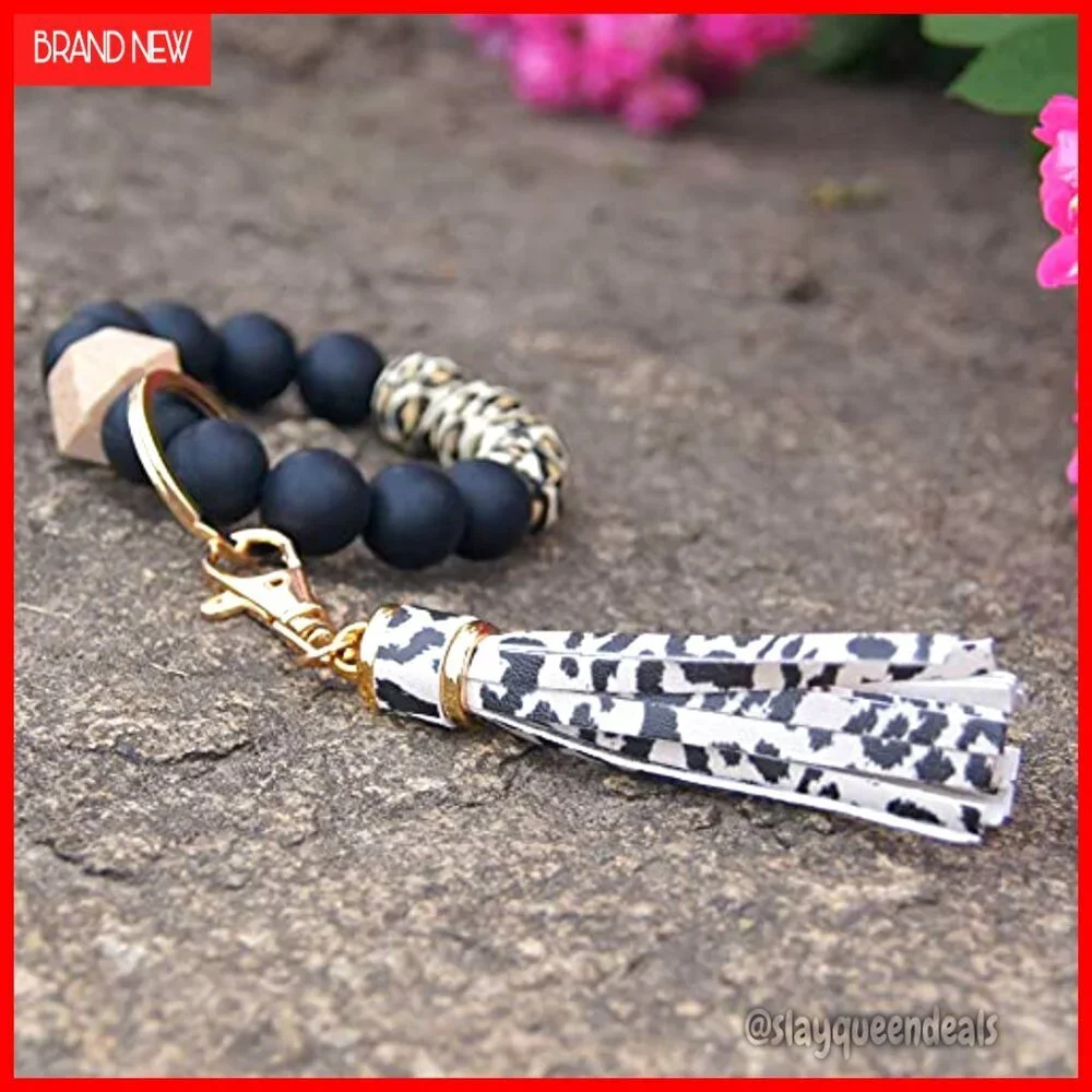 Silicone Beaded Bracelet Keychain with Leather Tassel - One Size Stretch Fit